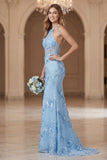 Light Blue Sheath Halter Open Back Bridesmaid Dress with Embroidery