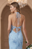 Light Blue Sheath Halter Open Back Bridesmaid Dress with Embroidery
