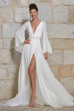 Ivory V Neck Long Sleeves Floral Wedding Dress with Slit