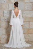 Ivory V Neck Long Sleeves Floral Wedding Dress with Slit