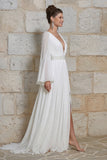 Ivory V Neck Long Sleeves Floral Wedding Dress with Slit