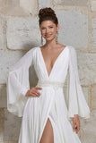 Ivory V Neck Long Sleeves Floral Wedding Dress with Slit