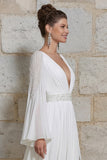 Ivory V Neck Long Sleeves Floral Wedding Dress with Slit