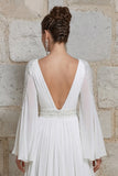 Ivory V Neck Long Sleeves Floral Wedding Dress with Slit