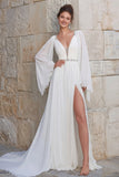 Sparkly Ivory Chiffon A Line V Neck Long Wedding Dress with Slit
