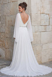 Sparkly Ivory Chiffon A Line V Neck Long Wedding Dress with Slit