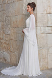 Sparkly Ivory Chiffon A Line V Neck Long Wedding Dress with Slit