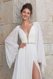 Sparkly Ivory Chiffon A Line V Neck Long Wedding Dress with Slit