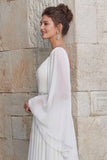 Sparkly Ivory Chiffon A Line V Neck Long Wedding Dress with Slit