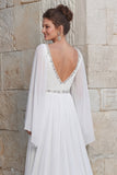 Sparkly Ivory Chiffon A Line V Neck Long Wedding Dress with Slit
