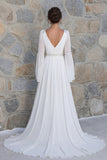 Sparkly Ivory Beaded V Neck Long Sleeves Wedding Dress with Slit