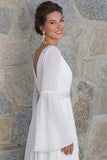 Sparkly Ivory Beaded V Neck Long Sleeves Wedding Dress with Slit