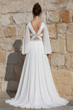 Ivory Chiffon Beaded A Line Long Wedding Dress with Slit