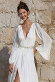 Ivory Chiffon Beaded A Line Long Wedding Dress with Slit