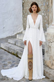 Ivory V Neck A Line Long Sleeves Wedding Dress with Slit