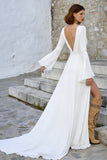 Ivory V Neck A Line Long Sleeves Wedding Dress with Slit