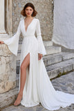 Ivory V Neck A Line Long Sleeves Wedding Dress with Slit