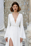 Ivory V Neck A Line Long Sleeves Wedding Dress with Slit
