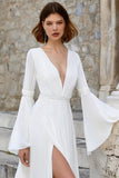 Ivory V Neck A Line Long Sleeves Wedding Dress with Slit
