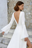 Ivory V Neck A Line Long Sleeves Wedding Dress with Slit