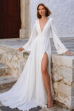 Ivory V Neck Puff Sleeves Long Wedding Dress with Slit
