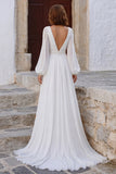 Ivory V Neck Puff Sleeves Long Wedding Dress with Slit