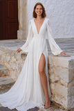 Ivory V Neck Puff Sleeves Long Wedding Dress with Slit