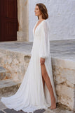 Ivory V Neck Puff Sleeves Long Wedding Dress with Slit