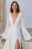 Ivory V Neck Puff Sleeves Long Wedding Dress with Slit