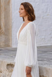 Ivory V Neck Puff Sleeves Long Wedding Dress with Slit