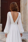 Ivory V Neck Puff Sleeves Long Wedding Dress with Slit