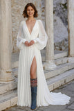 Ivory V Neck Chiffon Long Sleeves Wedding Dress with Slit