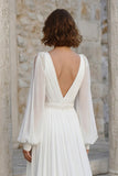 Ivory V Neck Chiffon Long Sleeves Wedding Dress with Slit