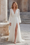 Ivory Chiffon A Line Long Wedding Dress with Slit