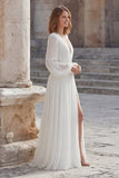 Ivory Chiffon A Line Long Wedding Dress with Slit