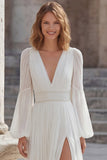 Ivory Chiffon A Line Long Wedding Dress with Slit