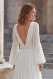 Ivory Chiffon A Line Long Wedding Dress with Slit