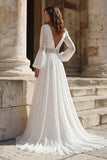 Ivory Pleated V Neck Long Sleeves Wedding Dress with Slit