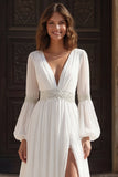 Ivory Pleated V Neck Long Sleeves Wedding Dress with Slit