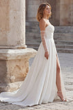 Ivory Sweetheart A Line Long Corset Wedding Dress with Slit