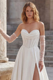 Ivory Sweetheart A Line Long Corset Wedding Dress with Slit