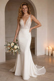Ivory Mermiad V-Neck Corset Sweep Train Wedding Dress with Lace