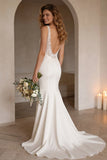 Ivory Mermiad V-Neck Corset Sweep Train Wedding Dress with Lace