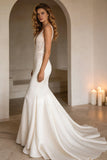 Ivory Mermiad V-Neck Corset Sweep Train Wedding Dress with Lace
