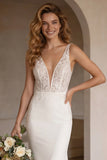 Ivory Mermiad V-Neck Corset Sweep Train Wedding Dress with Lace