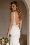 Ivory Mermiad V-Neck Corset Sweep Train Wedding Dress with Lace