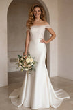 Ivory Off the Shoulder Corset Sweep Train Wedding Dress