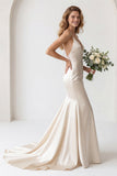 Ivory Satin Spaghetti Straps Sweep Train Mermaid Wedding Dress