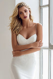 Ivory Spaghetti Straps Satin Mermaid Sweep Train Dress with Lace