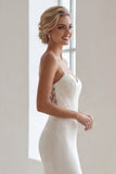 Ivory Spaghetti Straps Satin Mermaid Sweep Train Dress with Lace